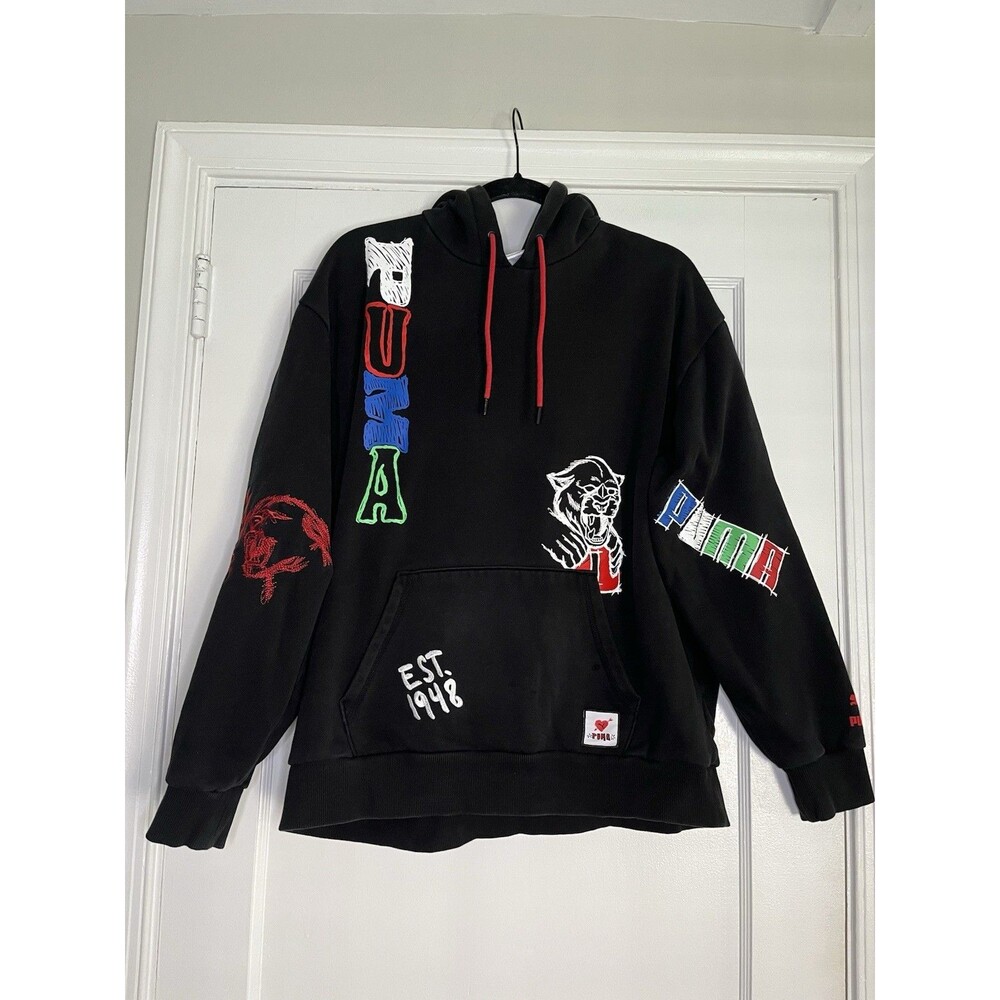 PUMA Graphic Print Black Pullover Hoodie Men's L EST. 1948 Multicolor